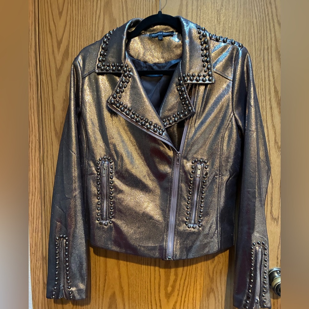 Vanessa Scott Silver Studded Faux Leather Moto Jacket